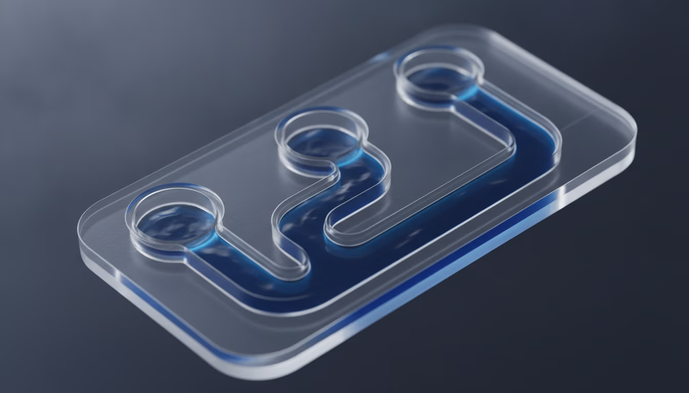 A clear molded microfluidic diagnostic cartridge with blue liquid in its channels, the kind of medical device component that plasma surface treatment prepares for bonding.