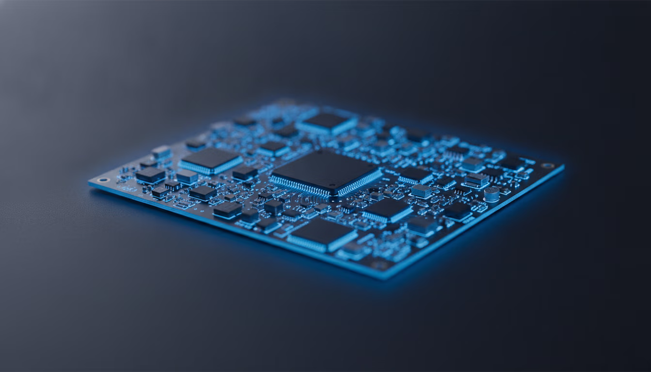 A populated PCB under UV light showing a fluorescing conformal coating