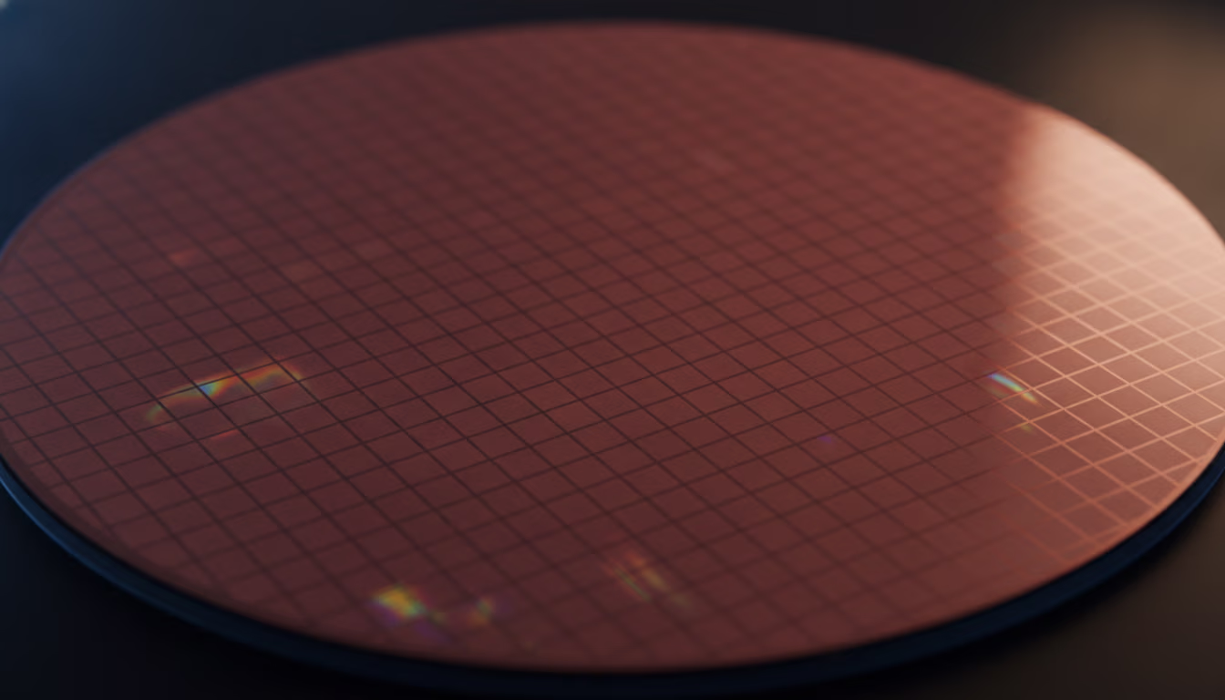 Macro of a silicon wafer coated with reddish photoresist over a fine die grid, before oxygen-plasma ashing