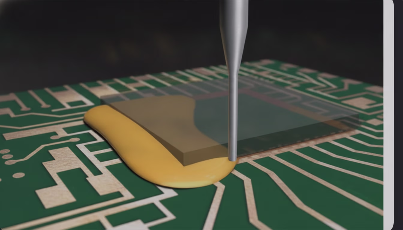 A dispenser applying underfill epoxy that wicks under a flip-chip die