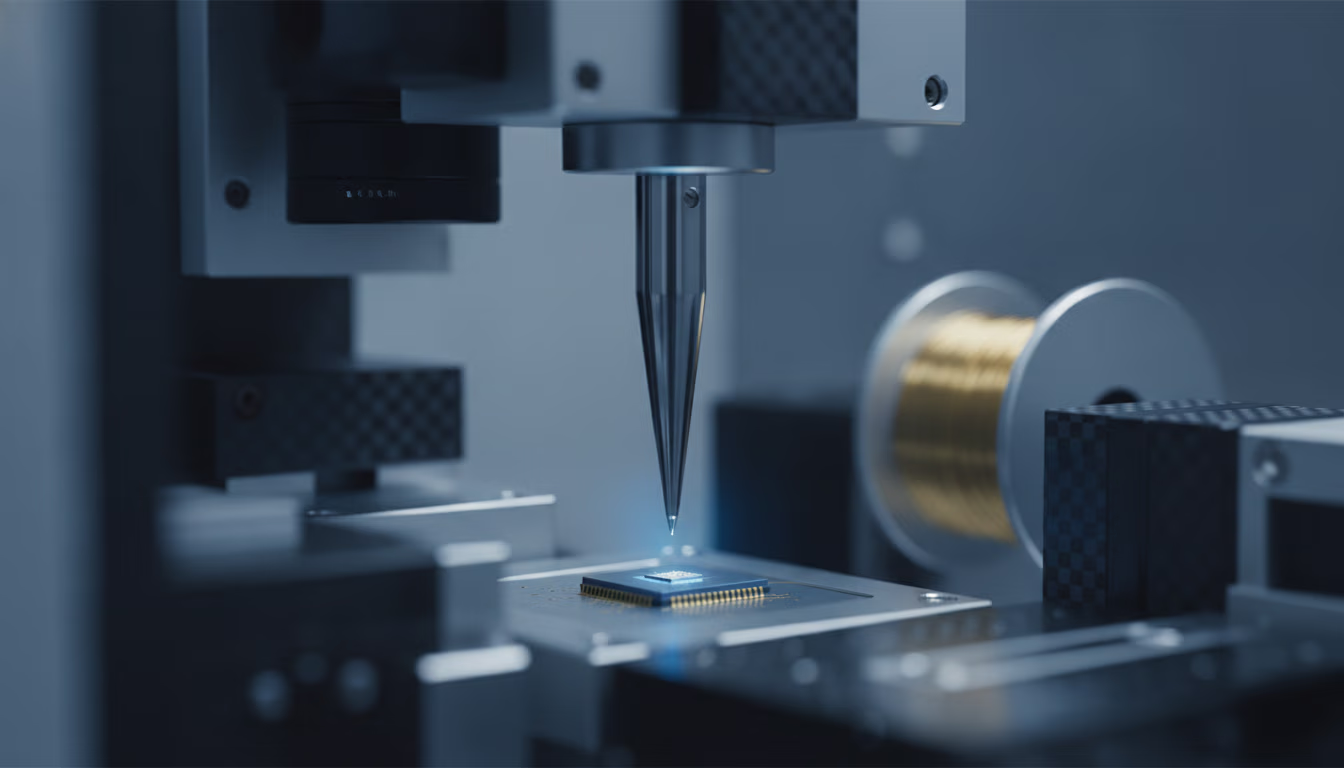 A wire-bonding machine capillary positioned over a semiconductor chip