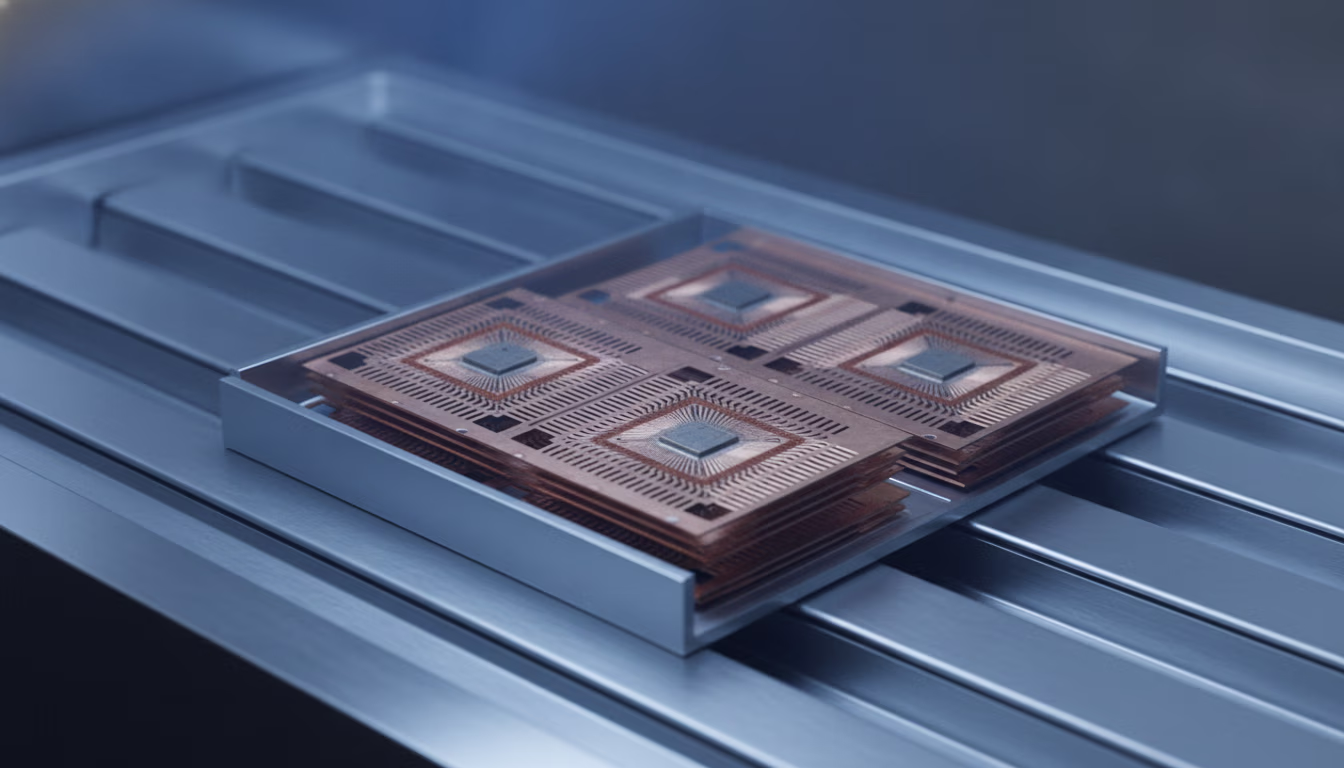 A vacuum plasma-cleaning chamber holding a lead-frame magazine, glowing blue with active plasma