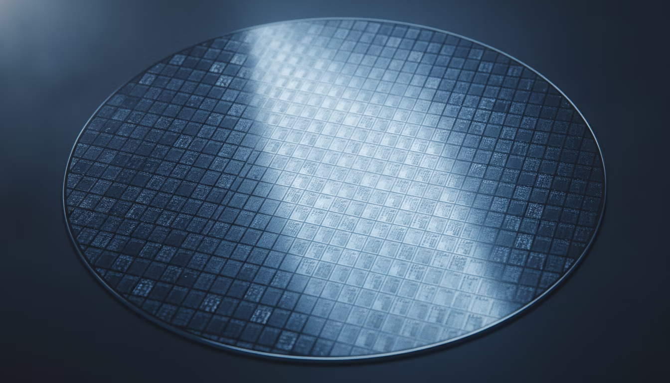Extreme macro photograph of a silicon wafer showing a dense grid of individual dies